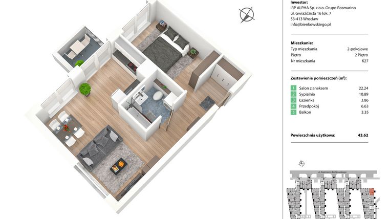 Rzut - Mieszkanie na sprzedaż 2 pokoje o powierzchni 43,62 m² - numer K27 w Nowe Żerniki Bieńkowskiego etap II