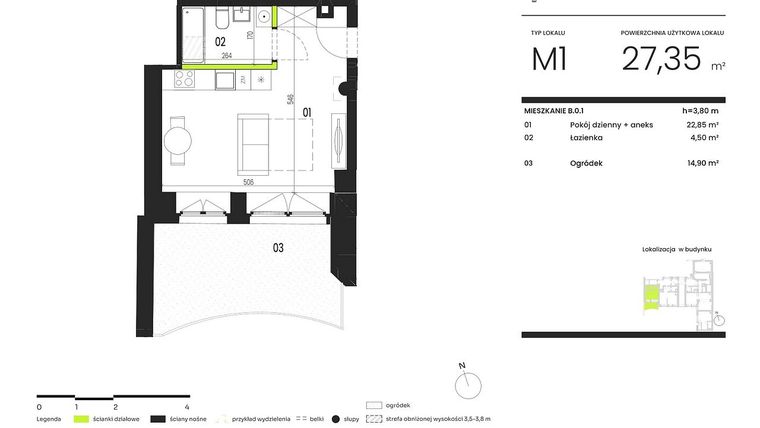 Rzut - Mieszkanie na sprzedaż 1 pokój o powierzchni 27,35 m² - numer B.0.1 w Ogrody Staromiejskie