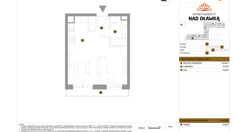 Rzut - Mieszkanie na sprzedaż 1 pokój o powierzchni 30,98 m² - numer 138 w Apartamenty nad Oławką etap II