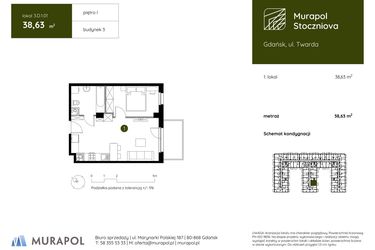 Rzut - Mieszkanie na sprzedaż 1 pokój o powierzchni 38,63 m² - numer 3.D.1.01 w Murapol Stoczniova
