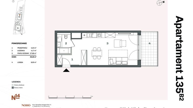 Rzut - Mieszkanie na sprzedaż 1 pokój o powierzchni 36,28 m² - numer B2.135 w Nadgórników 14
