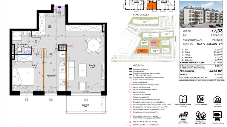 Rzut - Mieszkanie na sprzedaż 2 pokoje o powierzchni 53,58 m² - numer K7/33 w Kleszczewo Park - etap IV