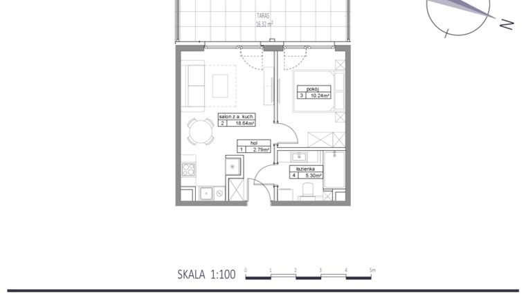 Rzut - Mieszkanie na sprzedaż 2 pokoje o powierzchni 36,97 m² - numer E5 w Apartamenty na Klifie bud. D, E i F