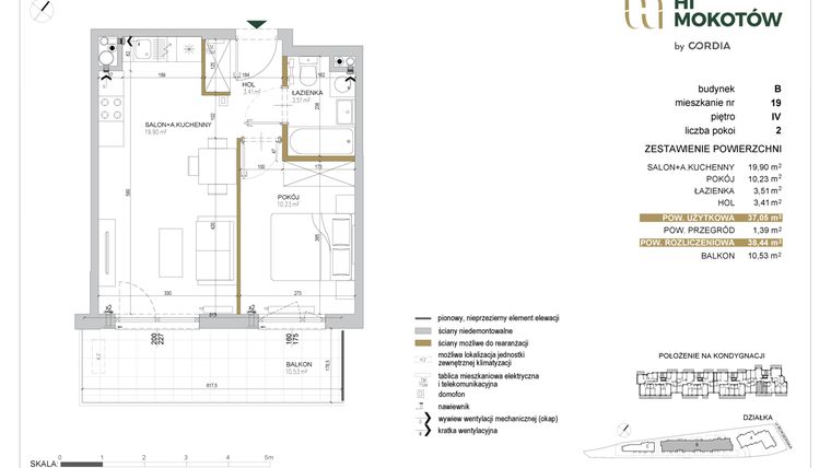 Rzut - Mieszkanie na sprzedaż 2 pokoje o powierzchni 37,06 m² - numer A1.B.19 w Hi Mokotów