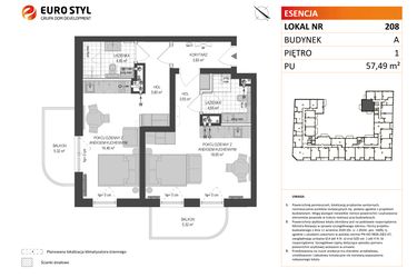 Rzut - Mieszkanie na sprzedaż 1 pokój o powierzchni 57,49 m² - numer A.208 w Esencja - Apartamenty inwestycyjne