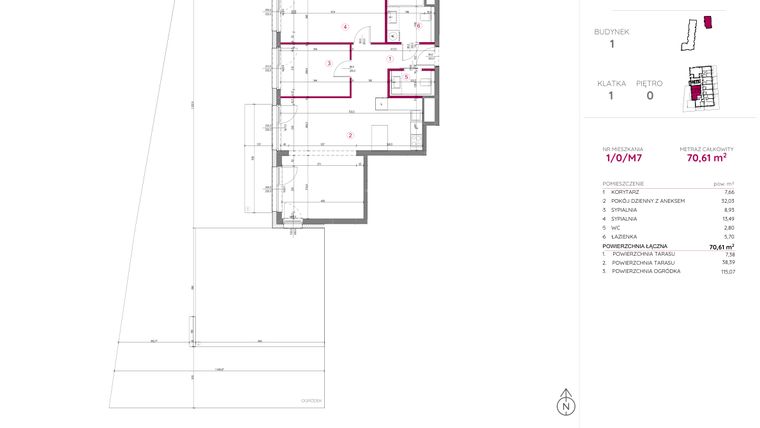 Rzut - Mieszkanie na sprzedaż 3 pokoje o powierzchni 70,61 m² - numer 1/0/M7 w Lechicka 65