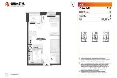 Rzut - Mieszkanie na sprzedaż 1 pokój o powierzchni 31,29 m² - numer G.111 w DOKI Living etap II