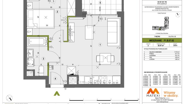 Rzut - Mieszkanie na sprzedaż 2 pokoje o powierzchni 35,47 m² - numer F1.B.07.02 w XYZ Place