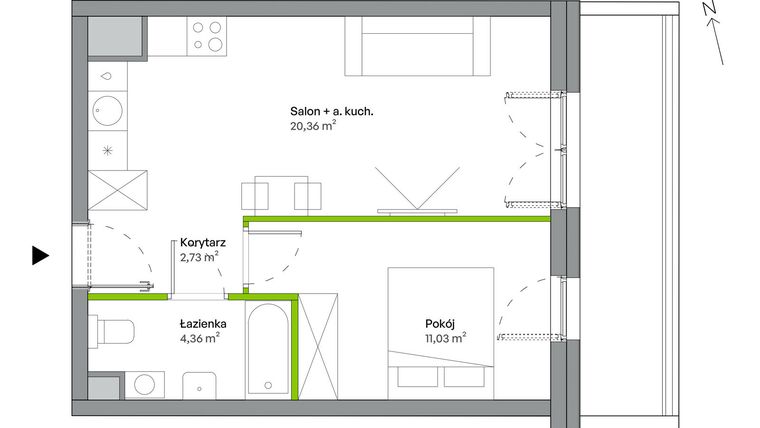 Rzut - Mieszkanie na sprzedaż 2 pokoje o powierzchni 38,48 m² - numer B.05.01.08 w WUWA Vita