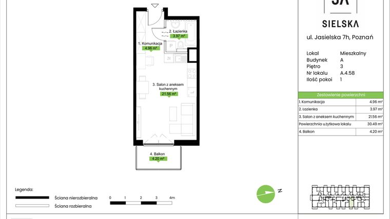 Rzut - Mieszkanie na sprzedaż 1 pokój o powierzchni 30,49 m² - numer A.4.58 w JA_SIELSKA V