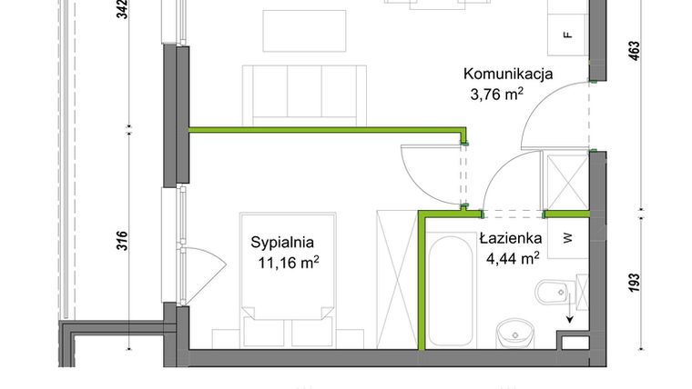 Rzut - Mieszkanie na sprzedaż 2 pokoje o powierzchni 37,26 m² - numer E1/A/08 w Orawska Vita