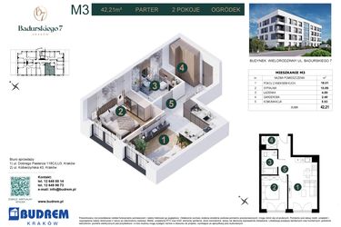Rzut - Mieszkanie na sprzedaż 2 pokoje o powierzchni 42,21 m² - numer 3 w Badurskiego 7