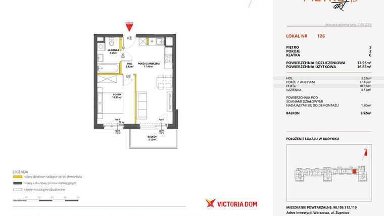 Rzut - Mieszkanie na sprzedaż 2 pokoje o powierzchni 37,95 m² - numer 126 w Metro Art 13