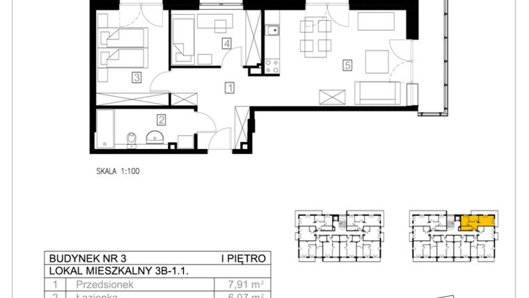 Rzut - Mieszkanie na sprzedaż 3 pokoje o powierzchni 54,38 m² - numer 3B-1.1 w Gardenia Pogodno