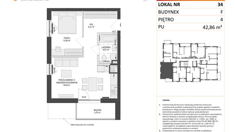 Rzut - Mieszkanie na sprzedaż 2 pokoje o powierzchni 42,86 m² - numer F.34 w Osiedle Warszawska