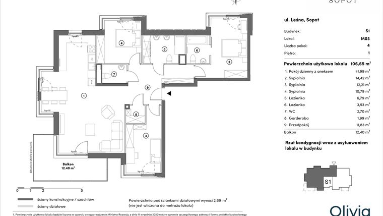 Rzut - Mieszkanie na sprzedaż 4 pokoje o powierzchni 106,65 m² - numer s1.1.03 w Leśna Sopot