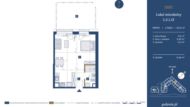 Rzut - Mieszkanie na sprzedaż 1 pokój o powierzchni 39,27 m² - numer I.A.1.12 w GEDANIA Riverside Living