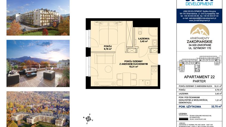 Rzut - Mieszkanie na sprzedaż 2 pokoje o powierzchni 32,89 m² - numer 22 w Apartamenty Zakopiańskie