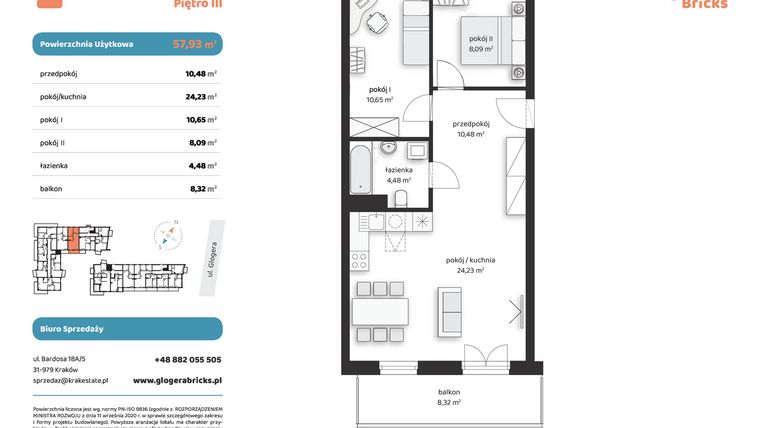 Rzut - Mieszkanie na sprzedaż 3 pokoje o powierzchni 57,93 m² - numer M III.3.3 w Glogera Bricks