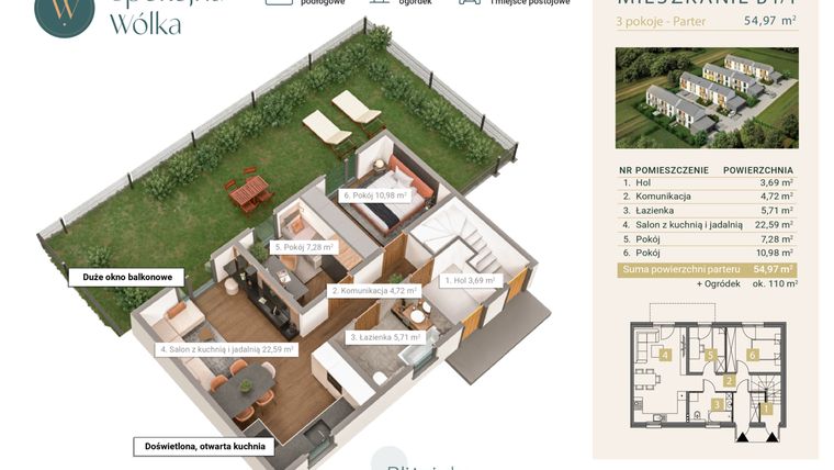 Rzut - Mieszkanie na sprzedaż 3 pokoje o powierzchni 54,97 m² - numer B1/1 w Spokojna Wólka etap IV
