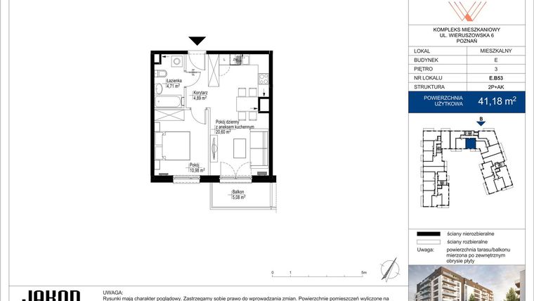 Rzut - Mieszkanie na sprzedaż 2 pokoje o powierzchni 41,18 m² - numer E.B53 w Wieruszowska E