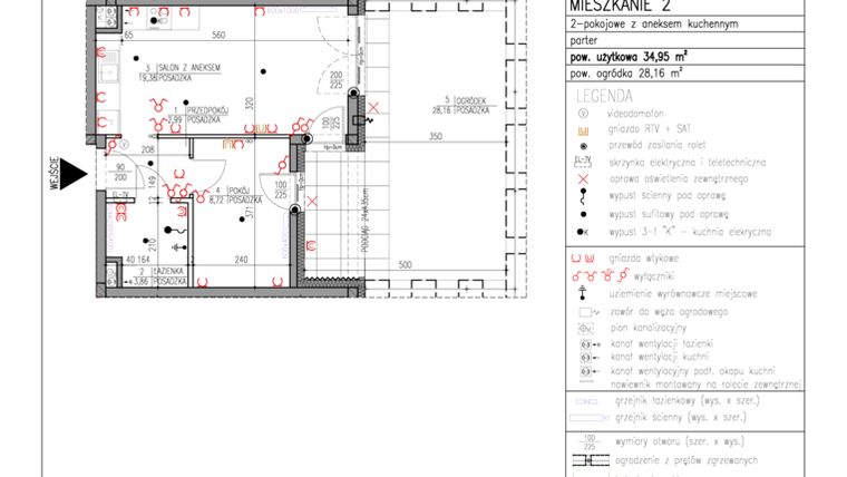 Rzut - Mieszkanie na sprzedaż 2 pokoje o powierzchni 34,95 m² - numer H.2 w Osiedle Podniebne Ogrody II