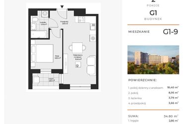 Rzut - Mieszkanie na sprzedaż 2 pokoje o powierzchni 34,8 m² - numer G1-9 w Piasta Park VI