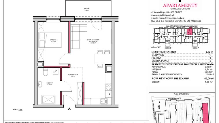 Rzut - Mieszkanie na sprzedaż 2 pokoje o powierzchni 46 m² - numer A.13 w Apartamenty Grójeckie Ogrody
