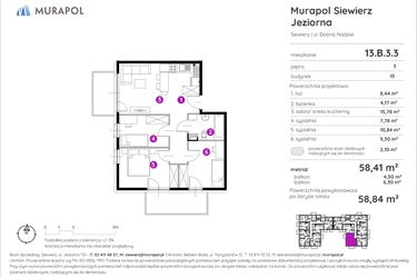 Rzut - Mieszkanie na sprzedaż 4 pokoje o powierzchni 58,84 m² - numer 13.B.3.3 w Murapol Siewierz Jeziorna