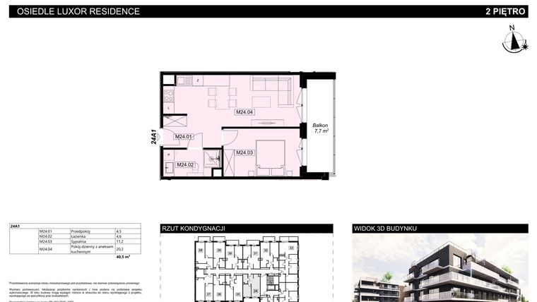 Rzut - Mieszkanie na sprzedaż 2 pokoje o powierzchni 40,5 m² - numer A1.24 w Luxor Residence