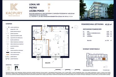 Rzut - Mieszkanie na sprzedaż 2 pokoje o powierzchni 43,22 m² - numer M38 w Kacpury Residence