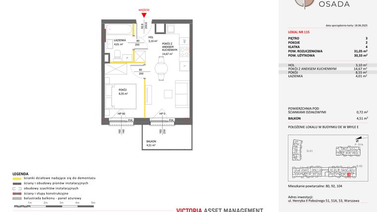 Rzut - Mieszkanie na sprzedaż 2 pokoje o powierzchni 31,05 m² - numer E.115 w Piastova Osada