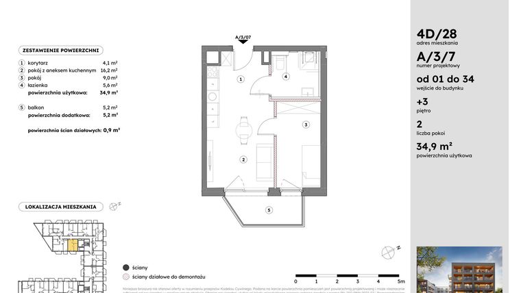 Rzut - Mieszkanie na sprzedaż 2 pokoje o powierzchni 34,85 m² - numer A/3/7 w Osiedle Mateckiego 4ALL