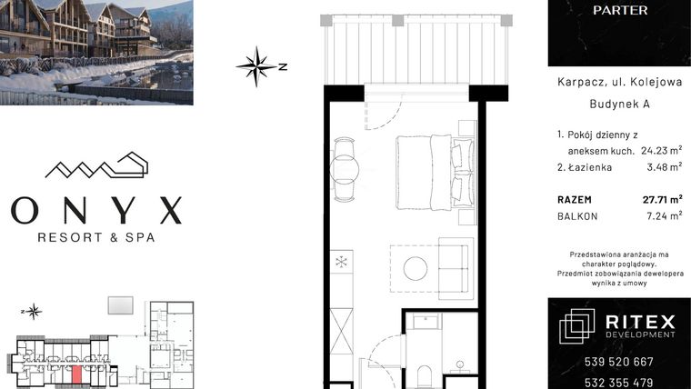 Rzut - Mieszkanie na sprzedaż 1 pokój o powierzchni 27,71 m² - numer 00.A4 w Onyx Resort & Spa