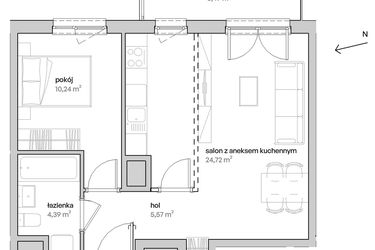 Rzut - Mieszkanie na sprzedaż 2 pokoje o powierzchni 44,92 m² - numer A.02.023 w Unii Lubelskiej Vita