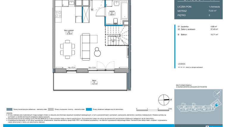 Rzut - Mieszkanie na sprzedaż 1 pokój o powierzchni 75,64 m² - numer CA0304 w Talarowa Park