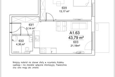 Rzut - Mieszkanie na sprzedaż 2 pokoje o powierzchni 43,79 m² - numer A1.63 w FORTnatura