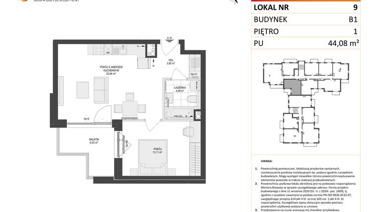 Rzut - Mieszkanie na sprzedaż 2 pokoje o powierzchni 44,08 m² - numer 9 w Locus 2