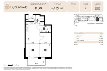 Rzut - Lokal użytkowy na sprzedaż 2 pokoje o powierzchni 49,39 m² - numer B.38 - LU5 w Dębowa 45