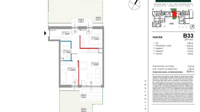 Rzut - Mieszkanie na sprzedaż 3 pokoje o powierzchni 51,67 m² - numer B033 w Grunwald Między Drzewami etap II
