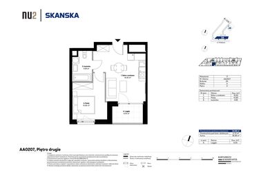 Rzut - Mieszkanie na sprzedaż 2 pokoje o powierzchni 34,66 m² - numer AA0207 w NU2 Warszawa Wola - apartamenty wykończone pod klucz