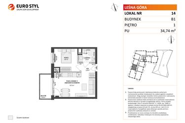Rzut - Mieszkanie na sprzedaż 2 pokoje o powierzchni 34,74 m² - numer 14 w Leśna Góra