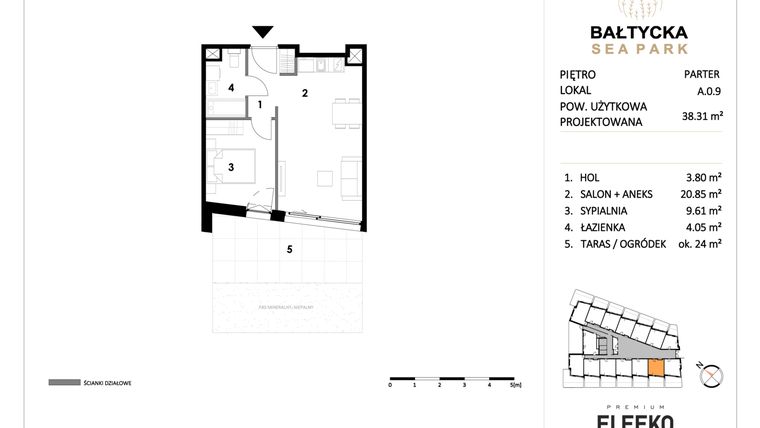 Rzut - Mieszkanie na sprzedaż 2 pokoje o powierzchni 38,31 m² - numer A.0.9 w Bałtycka Sea Park