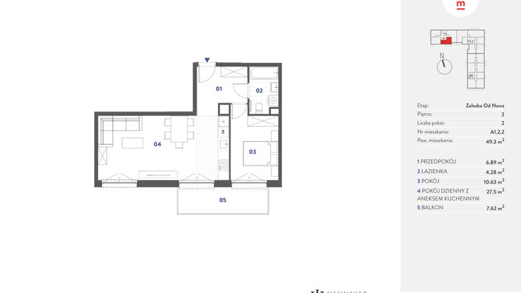 Rzut - Mieszkanie na sprzedaż 2 pokoje o powierzchni 49,3 m² - numer A1.2.2 w Mieszkaj w mieście Załęska od Nowa
