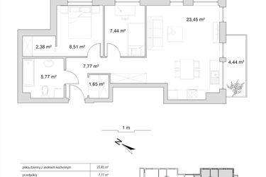 Rzut - Mieszkanie na sprzedaż 3 pokoje o powierzchni 56,97 m² - numer 8.15 w Vela Park