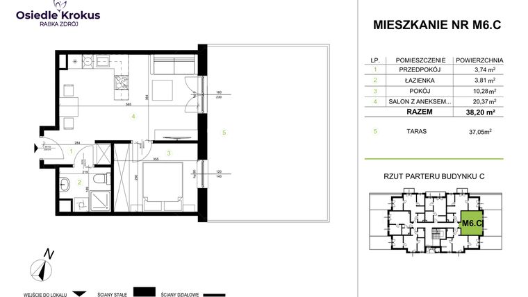 Rzut - Mieszkanie na sprzedaż 2 pokoje o powierzchni 38,2 m² - numer M6.C w Osiedle Krokus etap IV