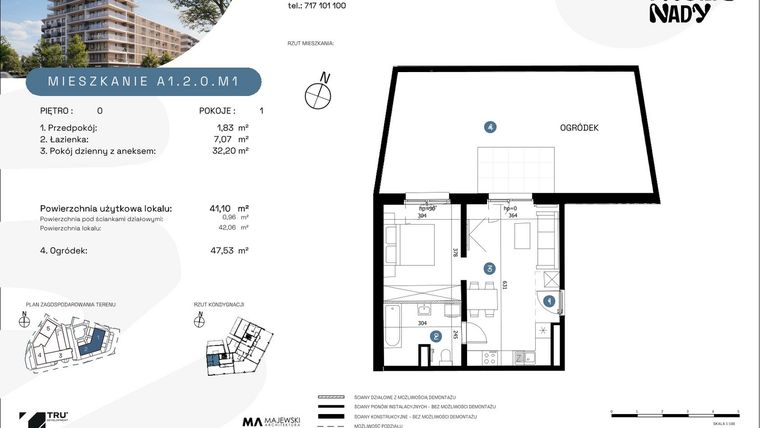 Rzut - Mieszkanie na sprzedaż 1 pokój o powierzchni 41,1 m² - numer A1.2.0.M1 w Nowe Promenady