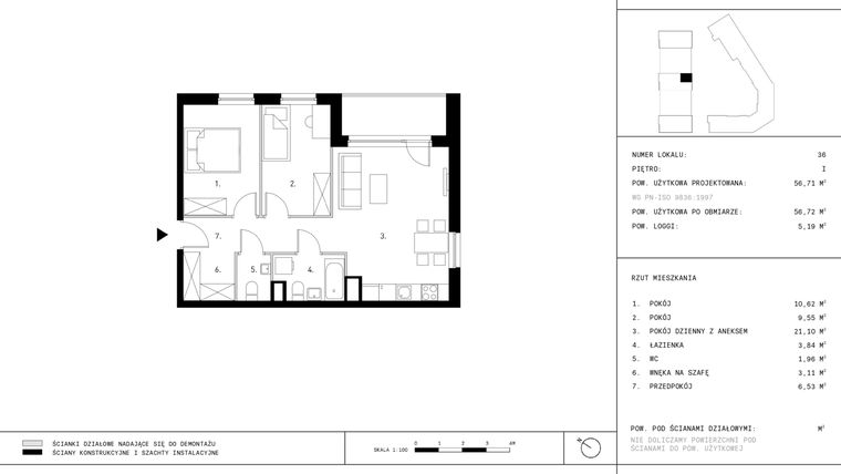 Rzut - Mieszkanie na sprzedaż 3 pokoje o powierzchni 56,72 m² - numer A7.P1 w Nocznickiego 29 bud. A
