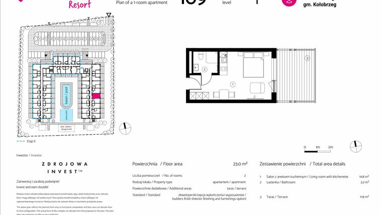 Rzut - Mieszkanie na sprzedaż 1 pokój o powierzchni 23 m² - numer 109 w VacationClub Resort