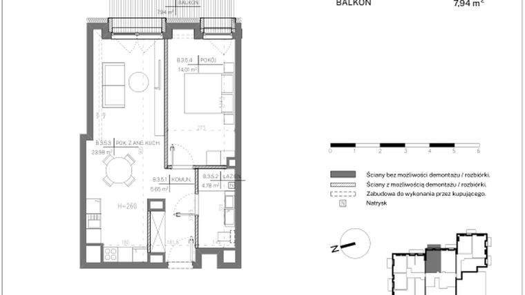 Rzut - Mieszkanie na sprzedaż 2 pokoje o powierzchni 48,69 m² - numer B.3.5 w Polanka 21